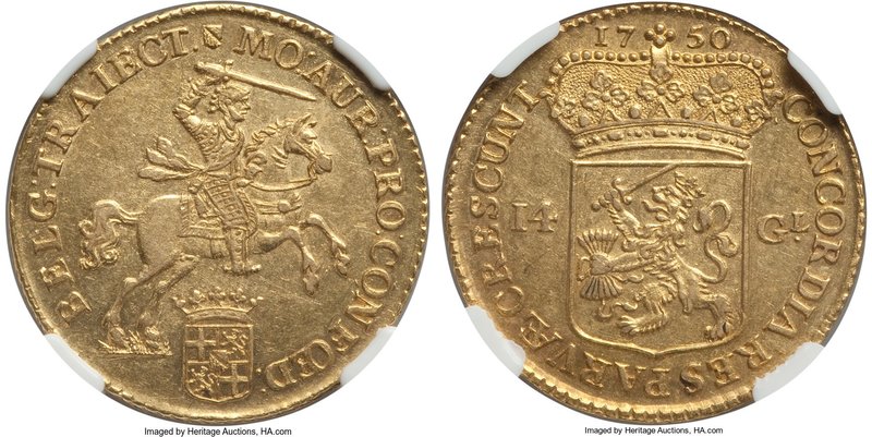 Utrecht. Provincial gold 14 Gulden 1750 AU55 NGC, KM104, Delm-782. Sharply detai...