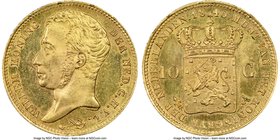 Willem I gold 10 Gulden 1840 MS63+ NGC, KM56. Notably frosty atop the devices with a clear mirrorlike reflectivity present in the fields. 

HID09801...
