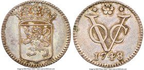 Dutch Colony. United East India Company Duit 1748 AU Details (Cleaned) NGC, Dordrecht mint, KM70a. Holland issue. Bordering on uncirculated, the argen...