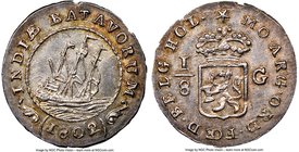 Dutch Colony. Batavian Republic 1/8 Gulden 1802 MS64 NGC, Enkhuizen mint, KM80, Scholten-496b. Variety with main mast under A. Very near gem, a micro-...