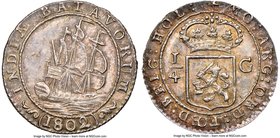 Dutch Colony. Batavian Republic 1/4 Gulden 1802 MS64 NGC, Enkhuizen mint, KM81, Scholten-492c. Variety with mast under TA. Very boldly struck-up, the ...