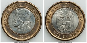 Republic bi-metallic 2 Balboas 2011 UNC, KM-Unl. 28mm. 8.45gm. From a cancelled issue that never entered circulation. Only a few test pieces exist. 
...