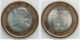 Republic bi-metallic 2 Balboas 2011 UNC, KM-Unl. 28mm. 8.50gm. From a cancelled issue that never entered circulation. Only a few test pieces exist. 
...
