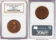 Republic brass Proof Pattern 2 Centavos 1868 PR64 NGC, KM-Pn21. A sharp example of this scarce issue displaying fire red reflectivity. 

HID09801242...