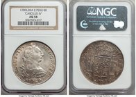 Charles IV 8 Reales 1789 LM-IJ AU58 NGC, Lima mint, KM87. Transitional type with portrait of the previous king, Charles III. Lightly circulated and to...