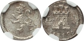 Ferdinand VII 1/4 Real 1810-L MS65 NGC, Lima mint, KM108. A sharp coin with nice toning with strong luster. The finest example yet graded by NGC.

H...