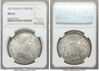 Ferdinand VII 8 Reales 1813 LM-JP MS63 NGC, Lima mint, KM117.1. Flashy argent surfaces convey sharp eye appeal in this choice offering of the type, a ...