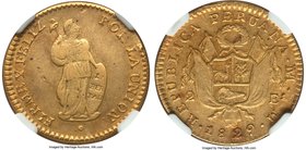 Republic gold 2 Escudos 1829 LM-JM XF45 NGC, Lima mint, KM149.1. An attractive coin with light patina and considerable mint luster. The side with Libe...