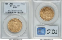 Republic gold 4 Escudos 1855 LM-MB AU53 PCGS, Lima mint, KM150.4. Lightly rubbed at the higher points, but otherwise expressing very strong detail for...