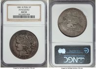Republic 5 Pesetas 1881-B AU53 NGC, Ayacucho mint, KM201.3. The scarcer of only two years for this Ayacucho emission, and one which rapidly escalates ...