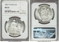 South Peru. Republic Sol 1887-TF MS65 NGC, Santiago mint, KM196.22. A radiant glowing gem displaying ample frost over the struck design. Tied for fine...