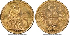 Republic gold 50 Soles 1959 MS65 NGC, Lima mint, KM230. Mintage of 5,734 pieces. AGW 0.6772 oz. 

HID09801242017