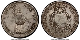 Spanish Colony. Ferdinand VII Counterstamped 8 Reales ND (1834) VF25 PCGS, KM82. F.7.o counterstamp on a Peru 1827 LM-JM 8 Reales. A lively graphite t...