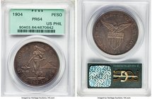 USA Administration Proof Peso 1904 PR64 PCGS, Philadelphia mint, KM168. Displaying variegated metallic colors with iridescent maroon and blue underton...