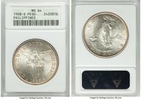 USA Administration Peso 1908-S MS64 ANACS, San Francisco mint, KM172. Bright with satiny luster, the peripheries contrasting against the centers by th...