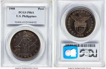 USA Administration Proof Peso 1908 PR61 PCGS, Philadelphia mint, KM172. Glossy steel tone resides on the obverse, the reverse further overlaid with ar...