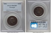 Carlos I Proof 10 Reis 1892 PR65 Brown PCGS, KM532. Type without mintmark. Admirably preserved, with a strong cabernet undertone residing in the water...