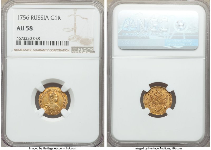 Elizabeth gold Rouble 1756 AU58 NGC, Red mint, KM-C22, Bit-60 (R). Variety with ...