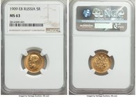 Nicholas II gold 5 Roubles 1909-ЭБ MS63 NGC, St. Petersburg mint, KM-Y62. A scarcer date within the series that comes highly coveted in Mint State gra...