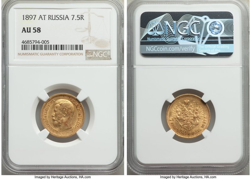 Nicholas II gold 7 Roubles 50 Kopecks 1897-AΓ AU58 NGC, St. Petersburg mint, KM-...