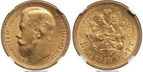 Nicholas II gold "Narrow Rim" 15 Roubles 1897-AГ MS61 NGC, St. Petersburg mint, KM-Y65.2, Bit-2. Minor hairlines with bright luster..

HID0980124201...