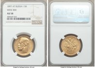 Nicholas II gold 15 Roubles 1897-AΓ AU58 NGC, St. Petersburg mint, KM-Y65.1, Bit-1 (R). Wide rim variety. From the George Hans Cook Collection

HID0...