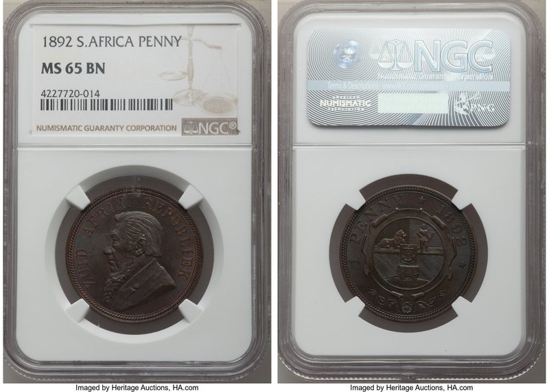 Republic Penny 1892 MS65 Brown NGC, KM2. Glossy brown surfaces with cobalt blue ...