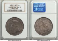 Republic "Single Shaft" 5 Shillings 1892 AU58 NGC, Berlin mint, KM8.1. Mintage: 14,000. Well established old lavender-gray toning, hiding any evidence...