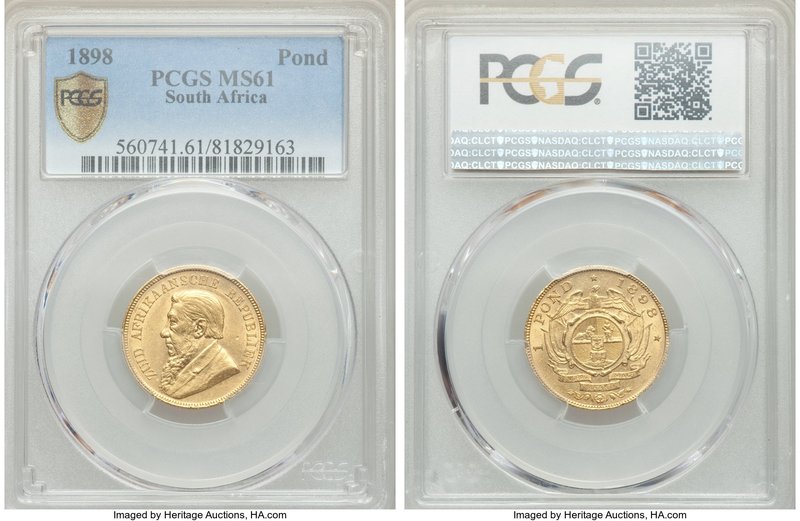 Republic gold Pond 1898 MS61 PCGS, Pretoria mint, KM10.2. Satiny with residual l...