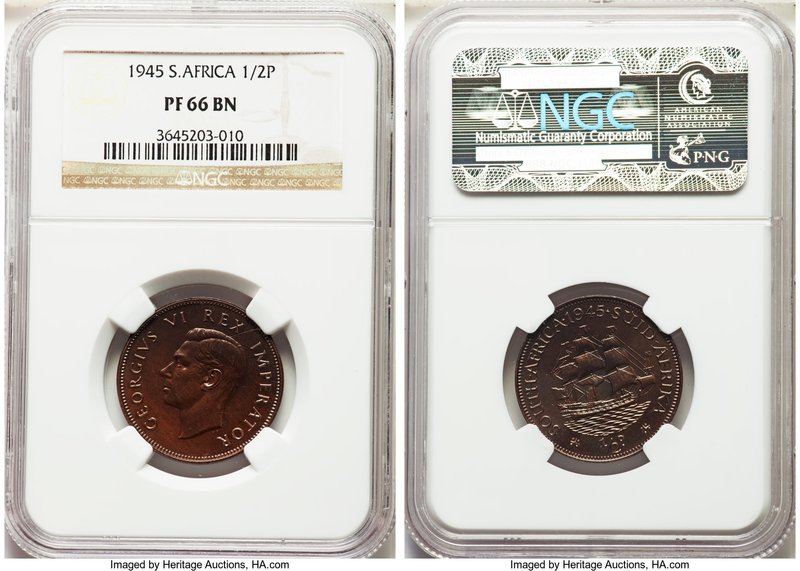 George VI Proof 1/2 Penny 1945 PR66 Brown NGC, KM24. Mintage: 150. Glossy coffee...