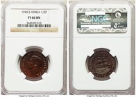 George VI Proof 1/2 Penny 1945 PR66 Brown NGC, KM24. Mintage: 150. Glossy coffee brown with lots of pizzazz. 

HID09801242017