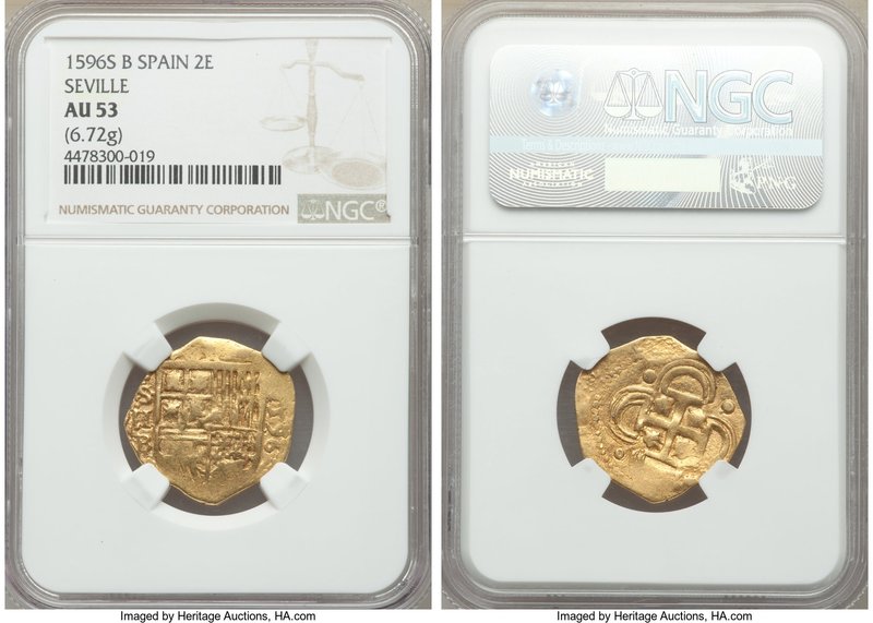 Philip II gold Cob 2 Escudos 1596 S-B AU53 NGC, Seville mint, Fr-169. 6.72gm. Vi...