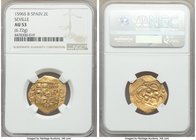 Philip II gold Cob 2 Escudos 1596 S-B AU53 NGC, Seville mint, Fr-169. 6.72gm. Visible date, mint mark and assayer. 

HID09801242017