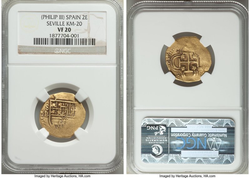 Philip III gold Cob 2 Escudos (1598-1621) S-B VF20 NGC, Seville mint, KM20.

H...