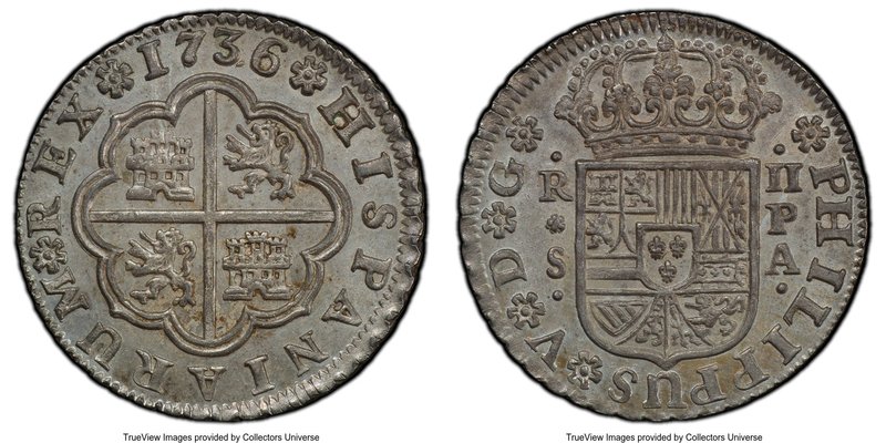 Philip V 2 Reales 1736 S-PA MS64 PCGS, Seville mint, KM355. Pristine unmarked su...