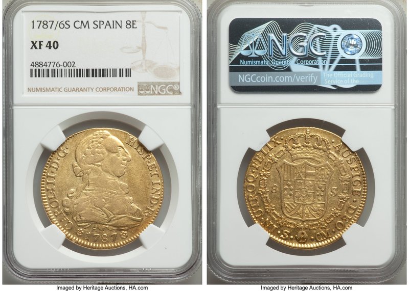 Charles III gold 8 Escudos 1787 S-CM XF40 NGC, Seville mint, KM409.2a (overdate ...