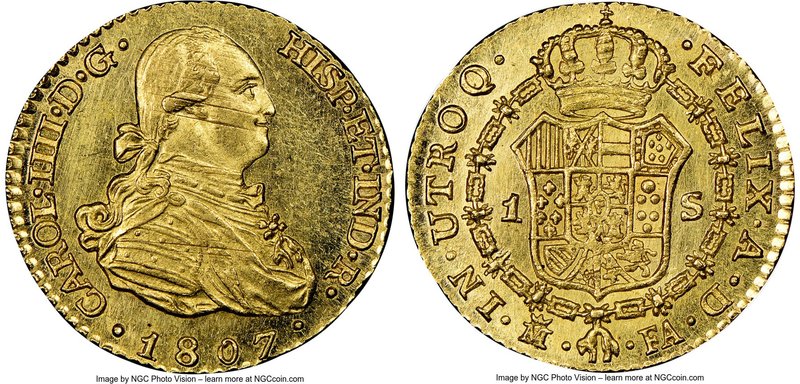 Charles IV gold Escudo 1807 M-FA MS64 NGC, Madrid mint, KM434. Pristine semi-pro...