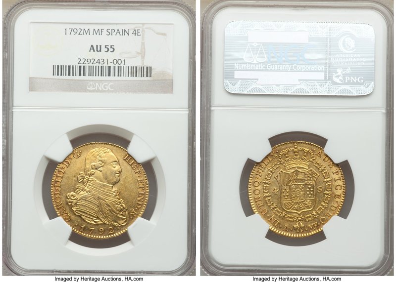 Charles IV gold 4 Escudos 1792 M-MF AU55 NGC, Madrid mint, KM436.1. Bold strike ...