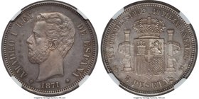 Amadeo I 5 Pesetas 1871(71) SD-M MS63 NGC, Madrid mint, KM666. An attractive coin for the assigned grade, Choice Mint State with fully lustrous surfac...