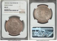 Alfonso XIII 5 Pesetas 1892(92) PG-M MS63 NGC, KM700. Rays of luster attempting to permeate the veil of peach and lavender toning. 

HID09801242017