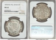 Alfonso XIII 5 Pesetas 1893(93) PG-L MS62 NGC, KM700. Cartwheel reflectivity displayed beneath turquoise and red accents of color over otherwise shado...