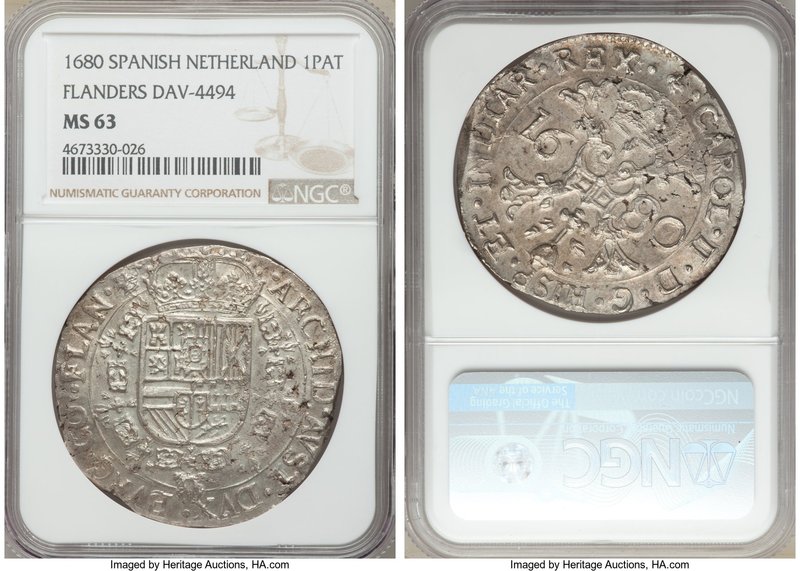 Flanders. Charles II Patagon 1680 MS63 NGC, Flanders mint, KM63, Dav-4494. Bette...