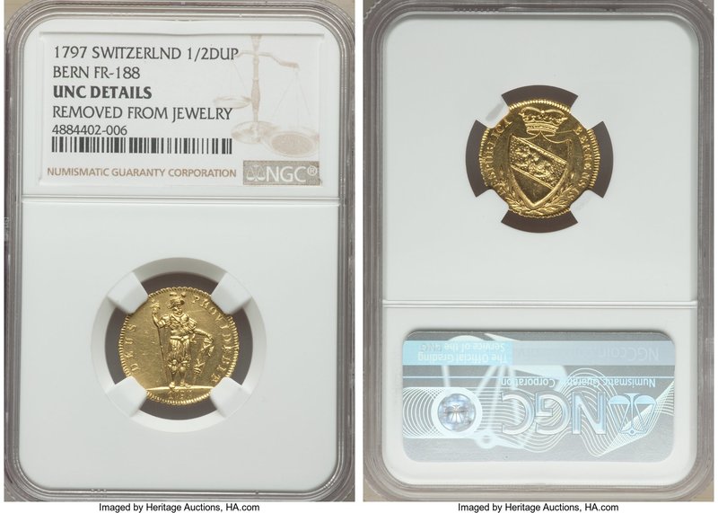 Bern. City gold 1/2 Duplone 1797 UNC Details (Removed From Jewelry) NGC, KM162, ...