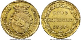 Bern. City gold Duplone 1793 AU55 NGC, KM144.1, Fr-182, HMZ-2-213a. Harvest golden color with peach toning in the recesses. The coin appears to have b...