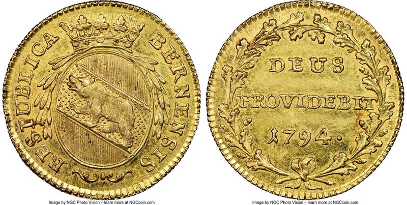 Bern. City gold Duplone 1794 MS61 NGC, KM146, Fr-182. Semi-prooflike surfaces, f...