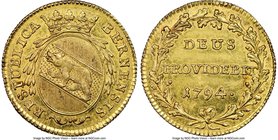 Bern. City gold Duplone 1794 MS61 NGC, KM146, Fr-182. Semi-prooflike surfaces, fully struck devices and shape edges. From the Allen Moretti Swiss Coll...
