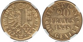 Geneva. Canton gold 20 Francs 1848 UNC Details (Cleaned) NGC, KM140, Fr-263, HMZ 2-361a. Struck in a mintage of only 3,421 examples. Cleaned yet retai...
