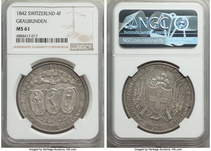 Graubunden. Canton "Shooting Festival" 4 Franken 1842 MS61 NGC, Munich mint, KM1...