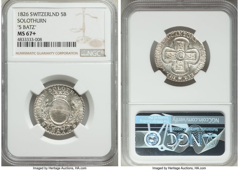 Solothurn. Canton 5 Batzen 1826 MS67+ NGC, KM82. Blast white with satin fields. ...