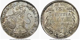 Zurich. Canton 1/2 Taler 1773 AU55 NGC, KM157. Argent and graphite toning, the reverse displaying a bit of weak strike in lettering. From the Allen Mo...